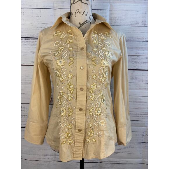 Coldwater Creek Button Front Shirt Womens XS Beaded Embroidery Cotton Blend - Picture 1 of 12